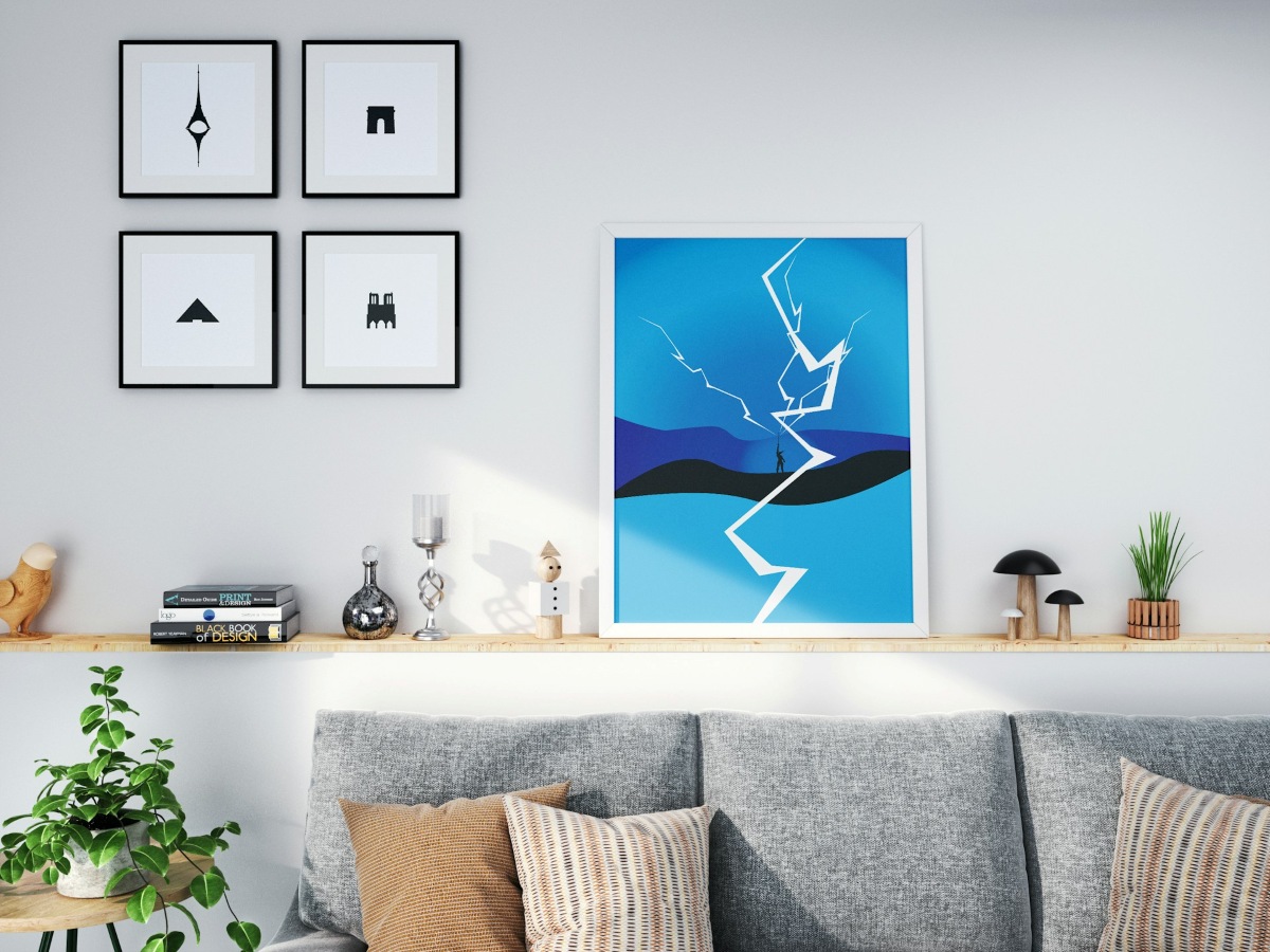 salon z nowoczesną sztuką na ścianie